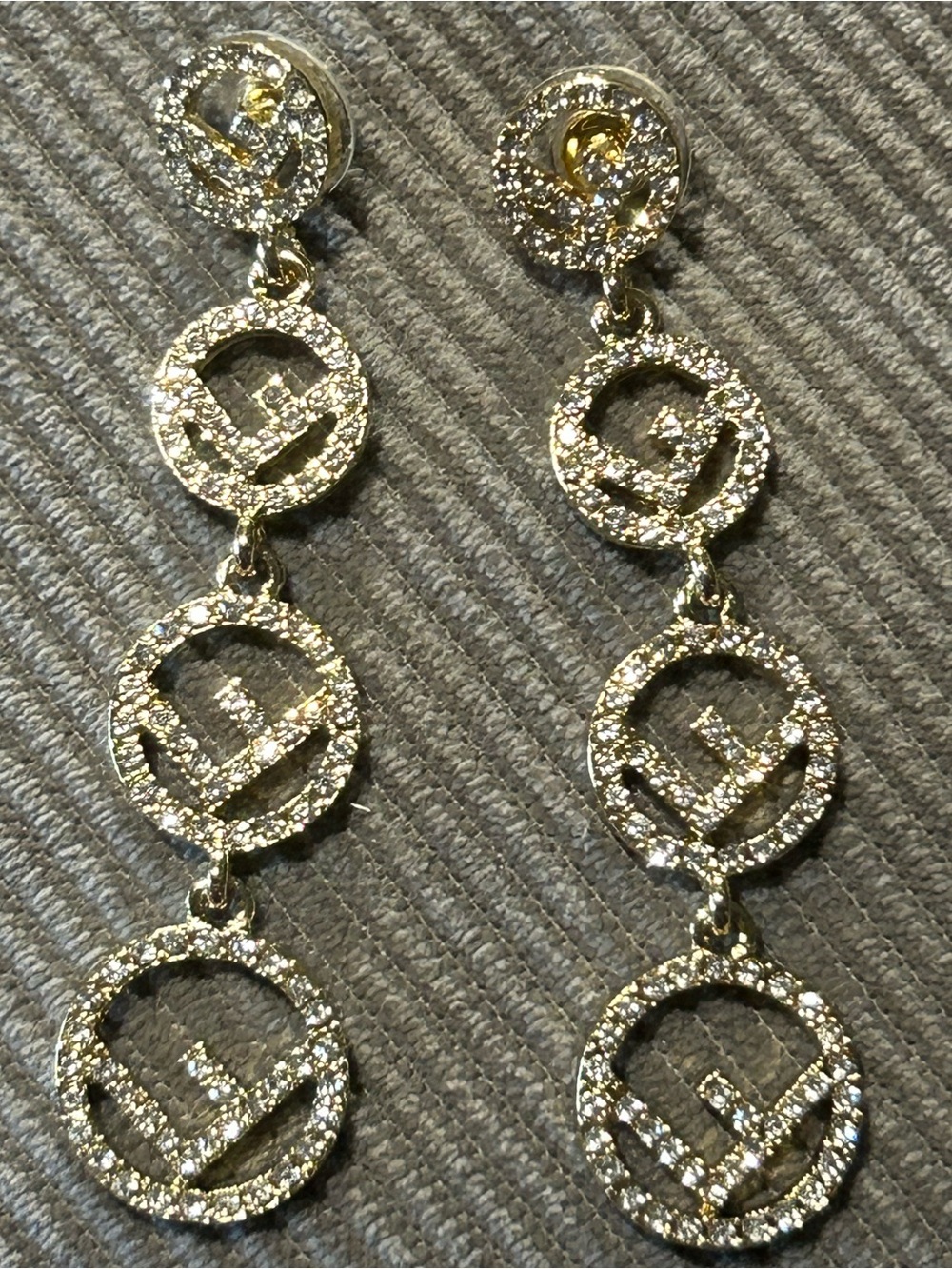 Gold Tone Rhinestone Sparkling Circle Letter F Drop Earrings